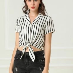 Allegra K Retro Striped Button Up Short Sleeve Tie Front Crop Shirt Women 48 Allegra K Retro Striped Button Up Short Sleeve Tie Front Crop Shirt Women