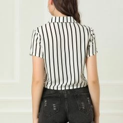 Allegra K Retro Striped Button Up Short Sleeve Tie Front Crop Shirt Women 50 Allegra K Retro Striped Button Up Short Sleeve Tie Front Crop Shirt Women