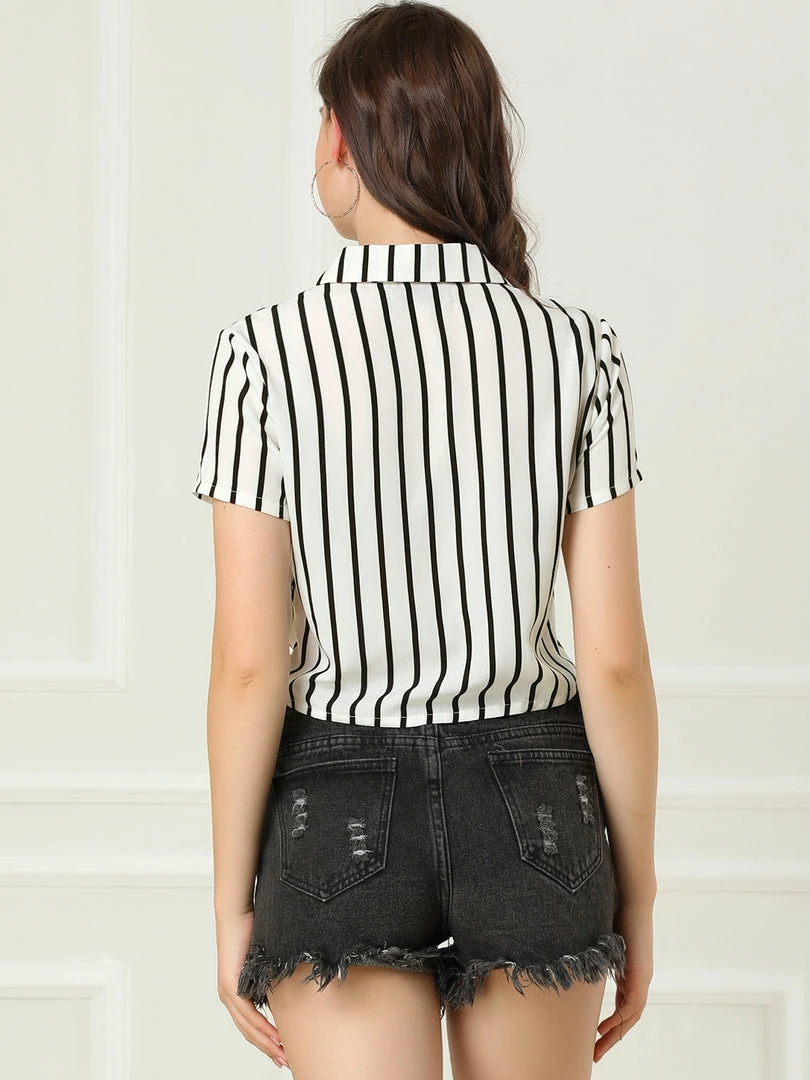 Allegra K Retro Striped Button Up Short Sleeve Tie Front Crop Shirt Women 8 Allegra K Retro Striped Button Up Short Sleeve Tie Front Crop Shirt Women