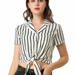 Allegra K Retro Striped Button Up Short Sleeve Tie Front Crop Shirt Women