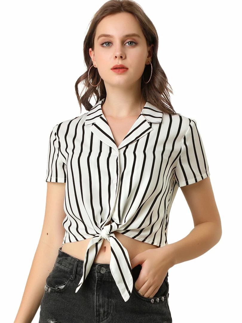 Allegra K Retro Striped Button Up Short Sleeve Tie Front Crop Shirt Women 4 Allegra K Retro Striped Button Up Short Sleeve Tie Front Crop Shirt Women