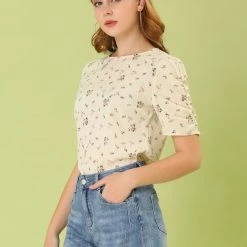 Allegra K Women's Floral Blouse Crew Neck Summer Casual Shirred Short Sleeve Top 71 Allegra K Women's Floral Blouse Crew Neck Summer Casual Shirred Short Sleeve Top