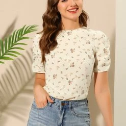 Allegra K Women's Floral Blouse Crew Neck Summer Casual Shirred Short Sleeve Top 72 Allegra K Women's Floral Blouse Crew Neck Summer Casual Shirred Short Sleeve Top