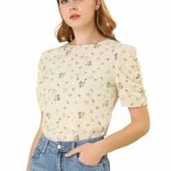 Allegra K Women's Floral Blouse Crew Neck Summer Casual Shirred Short Sleeve Top 70 Allegra K Women's Floral Blouse Crew Neck Summer Casual Shirred Short Sleeve Top