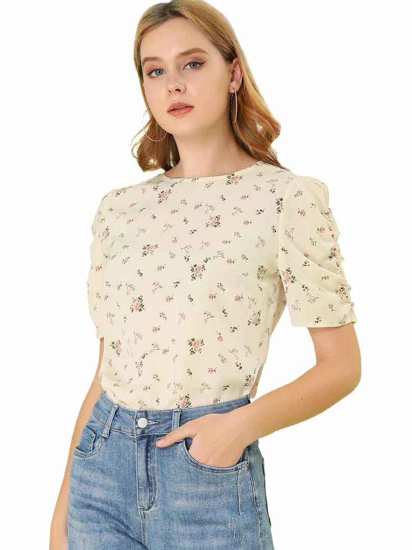Allegra K Women's Floral Blouse Crew Neck Summer Casual Shirred Short Sleeve Top 34 Allegra K Women's Floral Blouse Crew Neck Summer Casual Shirred Short Sleeve Top