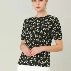Allegra K Women's Floral Blouse Crew Neck Summer Casual Shirred Short Sleeve Top 43 Allegra K Women's Floral Blouse Crew Neck Summer Casual Shirred Short Sleeve Top