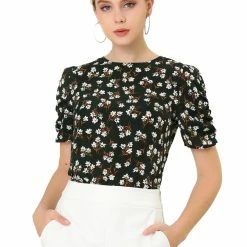 Allegra K Women's Floral Blouse Crew Neck Summer Casual Shirred Short Sleeve Top