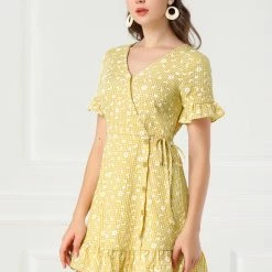 Allegra K Women's Floral Print V Neck Ruffle Hem Short Sleeve Faux Wrap Dress 11 Allegra K Women's Floral Print V Neck Ruffle Hem Short Sleeve Faux Wrap Dress