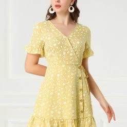 Allegra K Women's Floral Print V Neck Ruffle Hem Short Sleeve Faux Wrap Dress 13 Allegra K Women's Floral Print V Neck Ruffle Hem Short Sleeve Faux Wrap Dress