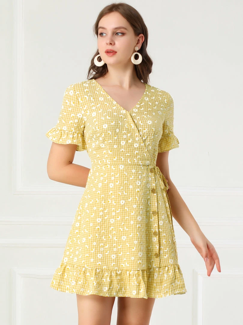 Allegra K Women's Floral Print V Neck Ruffle Hem Short Sleeve Faux Wrap Dress 7 Allegra K Women's Floral Print V Neck Ruffle Hem Short Sleeve Faux Wrap Dress