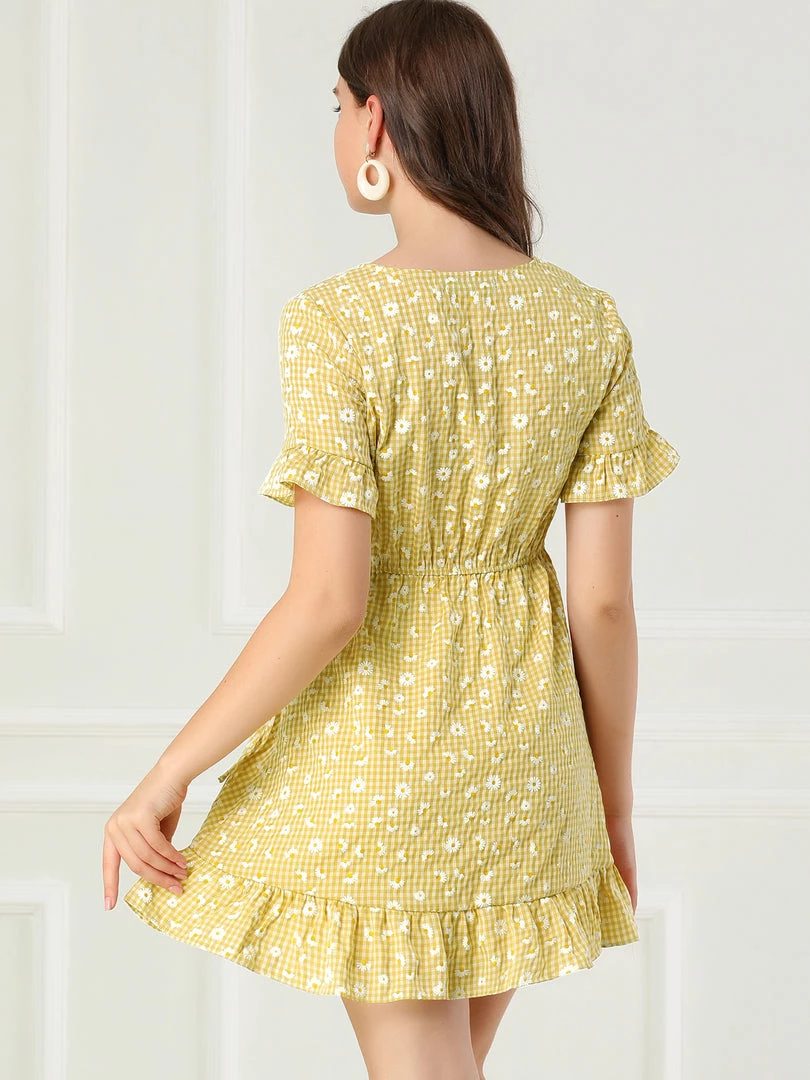 Allegra K Women's Floral Print V Neck Ruffle Hem Short Sleeve Faux Wrap Dress 8 Allegra K Women's Floral Print V Neck Ruffle Hem Short Sleeve Faux Wrap Dress