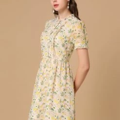 Allegra K Women's Floral Ruffle Decor Puff Sleeves Chiffon Dress