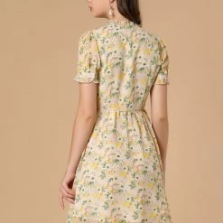 Allegra K Women's Floral Ruffle Decor Puff Sleeves Chiffon Dress