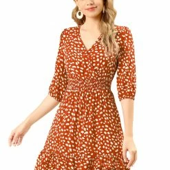 Allegra K Women's Layer Ruffled Hem Half Sleeve Swing Printed Wrap Dress