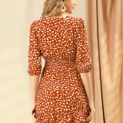 Allegra K Women's Layer Ruffled Hem Half Sleeve Swing Printed Wrap Dress