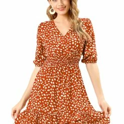 Allegra K Women's Layer Ruffled Hem Half Sleeve Swing Printed Wrap Dress