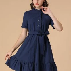 Allegra K Women's Ruffle Hem Fit And Flare Frill Trim Button Front Dress