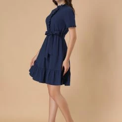 Allegra K Women's Ruffle Hem Fit And Flare Frill Trim Button Front Dress