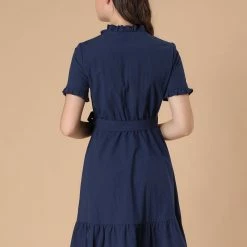 Allegra K Women's Ruffle Hem Fit And Flare Frill Trim Button Front Dress