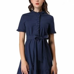 Allegra K Women's Ruffle Hem Fit And Flare Frill Trim Button Front Dress