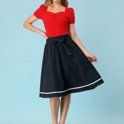 Allegra K Women's Button Decor Tie High Waist A-Line Knee Length Skirt