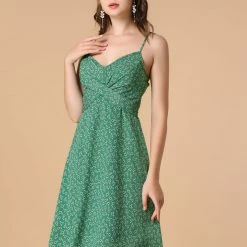 Women Allegra K Spaghetti Strap Twist Front Keen Length Dress