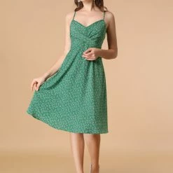 Women Allegra K Spaghetti Strap Twist Front Keen Length Dress