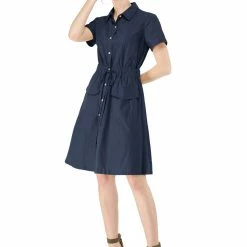 Allegra K Button Up Elastic Waist Dress With Pocket