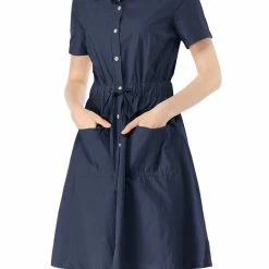 Allegra K Button Up Elastic Waist Dress With Pocket