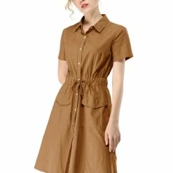 Allegra K Button Up Elastic Waist Dress With Pocket