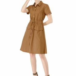 Allegra K Button Up Elastic Waist Dress With Pocket