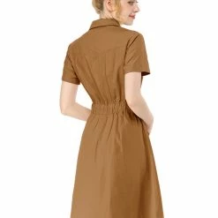 Allegra K Button Up Elastic Waist Dress With Pocket
