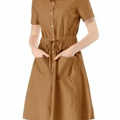 Allegra K Button Up Elastic Waist Dress With Pocket