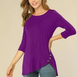 Allegra K Women's 3/4 Sleeve Casual Asymmetric Hem Stretchy Tunic Top