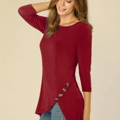 Allegra K Women's 3/4 Sleeve Casual Asymmetric Hem Stretchy Tunic Top