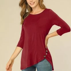 Allegra K Women's 3/4 Sleeve Casual Asymmetric Hem Stretchy Tunic Top