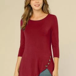 Allegra K Women's 3/4 Sleeve Casual Asymmetric Hem Stretchy Tunic Top