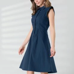 Allegra K Women's Cotton Shirtdress Work Office Ruffled Sleeveless Dress With Belt