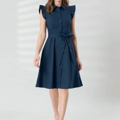 Allegra K Women's Cotton Shirtdress Work Office Ruffled Sleeveless Dress With Belt
