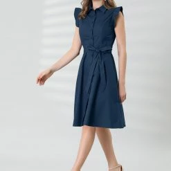 Allegra K Women's Cotton Shirtdress Work Office Ruffled Sleeveless Dress With Belt