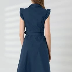 Allegra K Women's Cotton Shirtdress Work Office Ruffled Sleeveless Dress With Belt