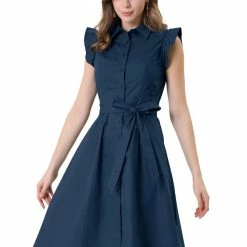 Allegra K Women's Cotton Shirtdress Work Office Ruffled Sleeveless Dress With Belt