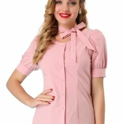 Allegra K Women's Retro Puff Sleeve Blouse Cotton Button Down Work Shirt