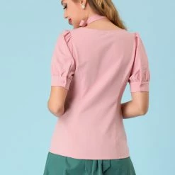 Allegra K Women's Retro Puff Sleeve Blouse Cotton Button Down Work Shirt