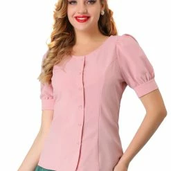 Allegra K Women's Retro Puff Sleeve Blouse Cotton Button Down Work Shirt