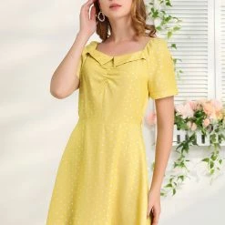 Allegra K Women's Stars Flat Collar Sweetheart Neck Tie Waist Dress