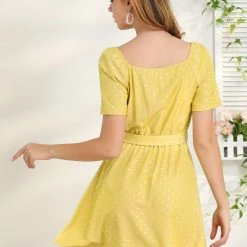 Allegra K Women's Stars Flat Collar Sweetheart Neck Tie Waist Dress