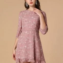 Allegra K Women's Chiffon Half Sleeve Floral Ruffle Hem Dress Clothing