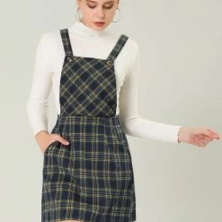 Allegra K Women's Plaids Adjustable Strap Above Knee Overall Suspender Dress