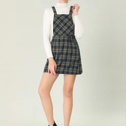 Allegra K Women's Plaids Adjustable Strap Above Knee Overall Suspender Dress